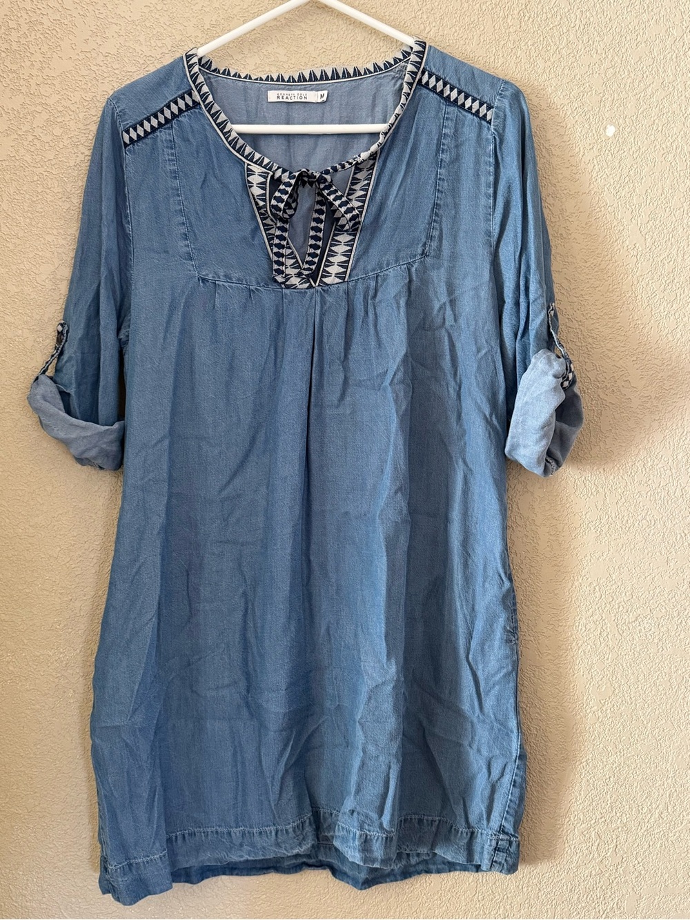 Kenneth Cole Reaction Chambray Blue Embroidered Tie-Neck Dress